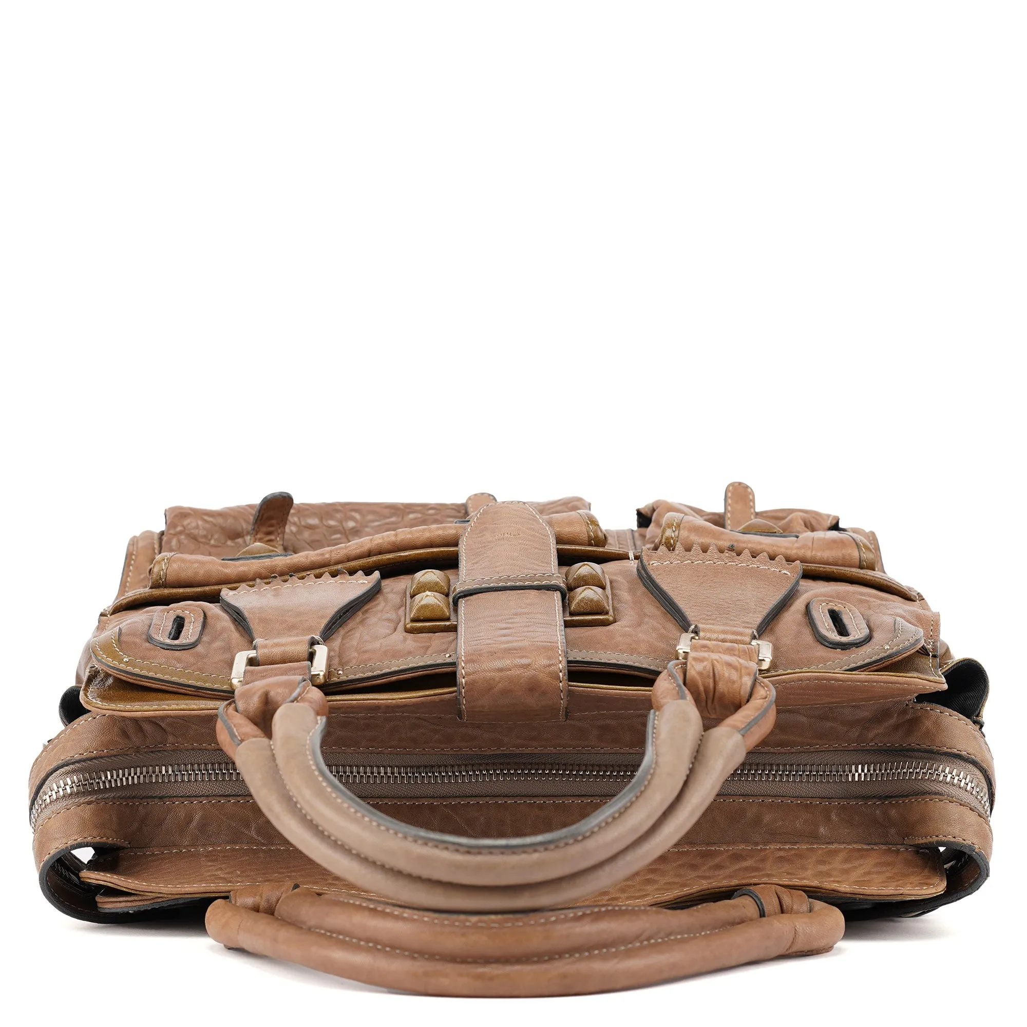 Beige Studded Leather Tote Bag