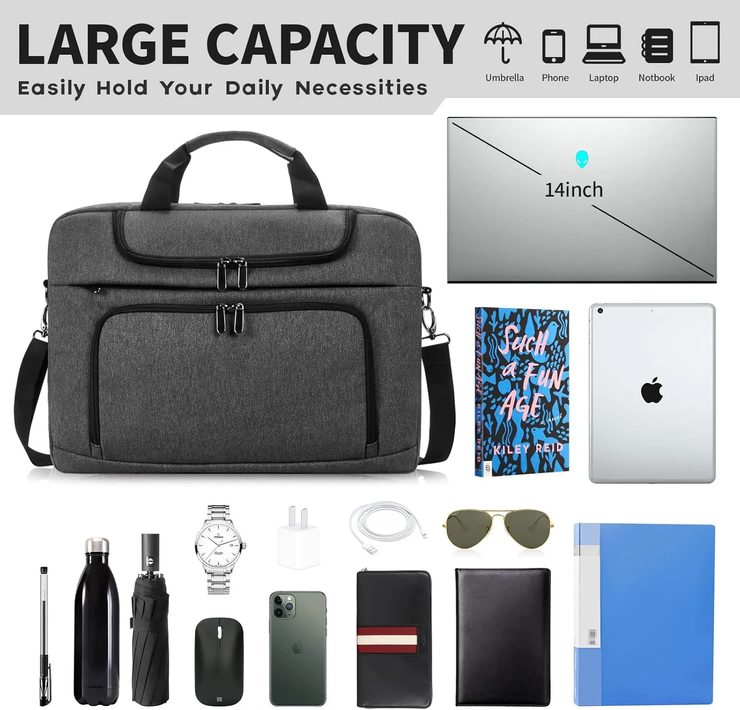 BERTASCHE Laptop Bag 13.4-inch, Grey, Padded Laptop Compartment, Adjustable Shoulder Strap, Organized Interior