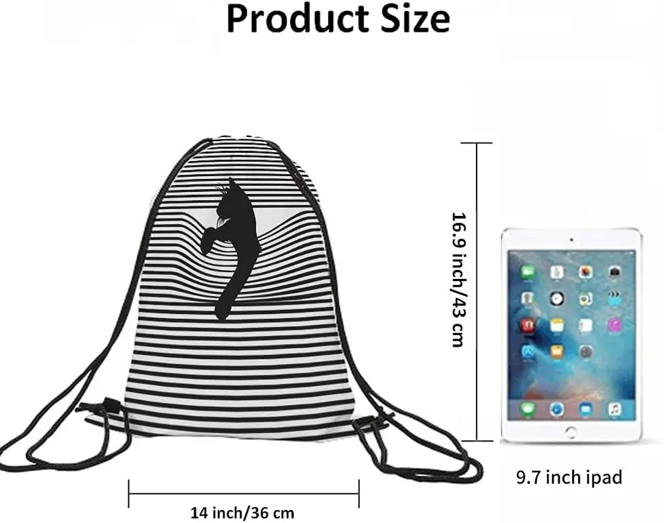 Black Cat Drawstring Bags Backpack Bag Animal Silhouette Black And White Stripes Cool Cartoon Fashion Sport Gym Sack Drawstring Bag String Bag Yoga Bag for Men Women