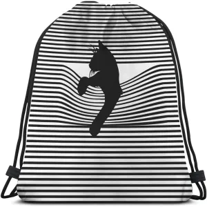 Black Cat Drawstring Bags Backpack Bag Animal Silhouette Black And White Stripes Cool Cartoon Fashion Sport Gym Sack Drawstring Bag String Bag Yoga Bag for Men Women