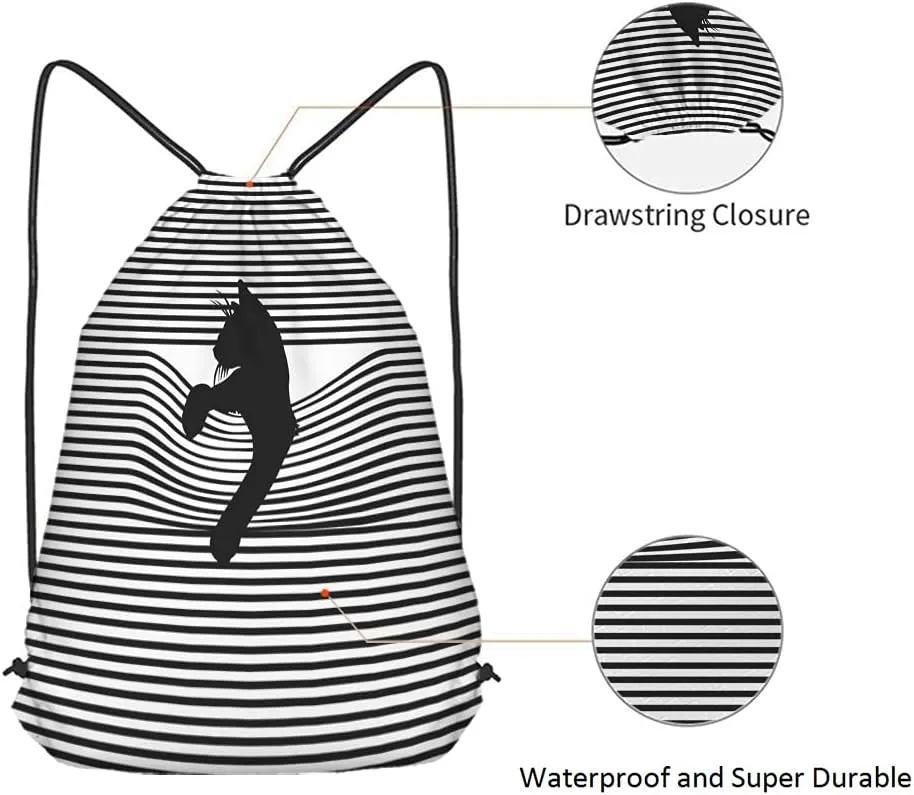 Black Cat Drawstring Bags Backpack Bag Animal Silhouette Black And White Stripes Cool Cartoon Fashion Sport Gym Sack Drawstring Bag String Bag Yoga Bag for Men Women