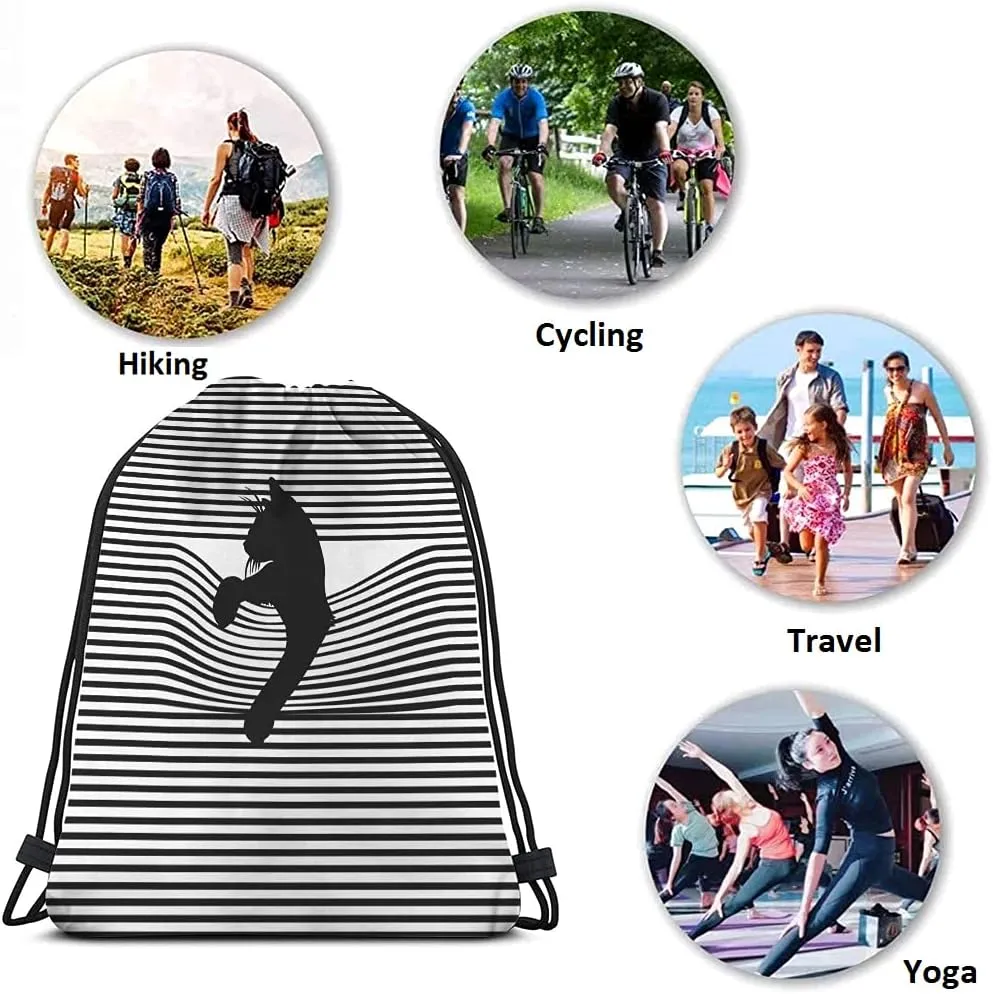 Black Cat Drawstring Bags Backpack Bag Animal Silhouette Black And White Stripes Cool Cartoon Fashion Sport Gym Sack Drawstring Bag String Bag Yoga Bag for Men Women