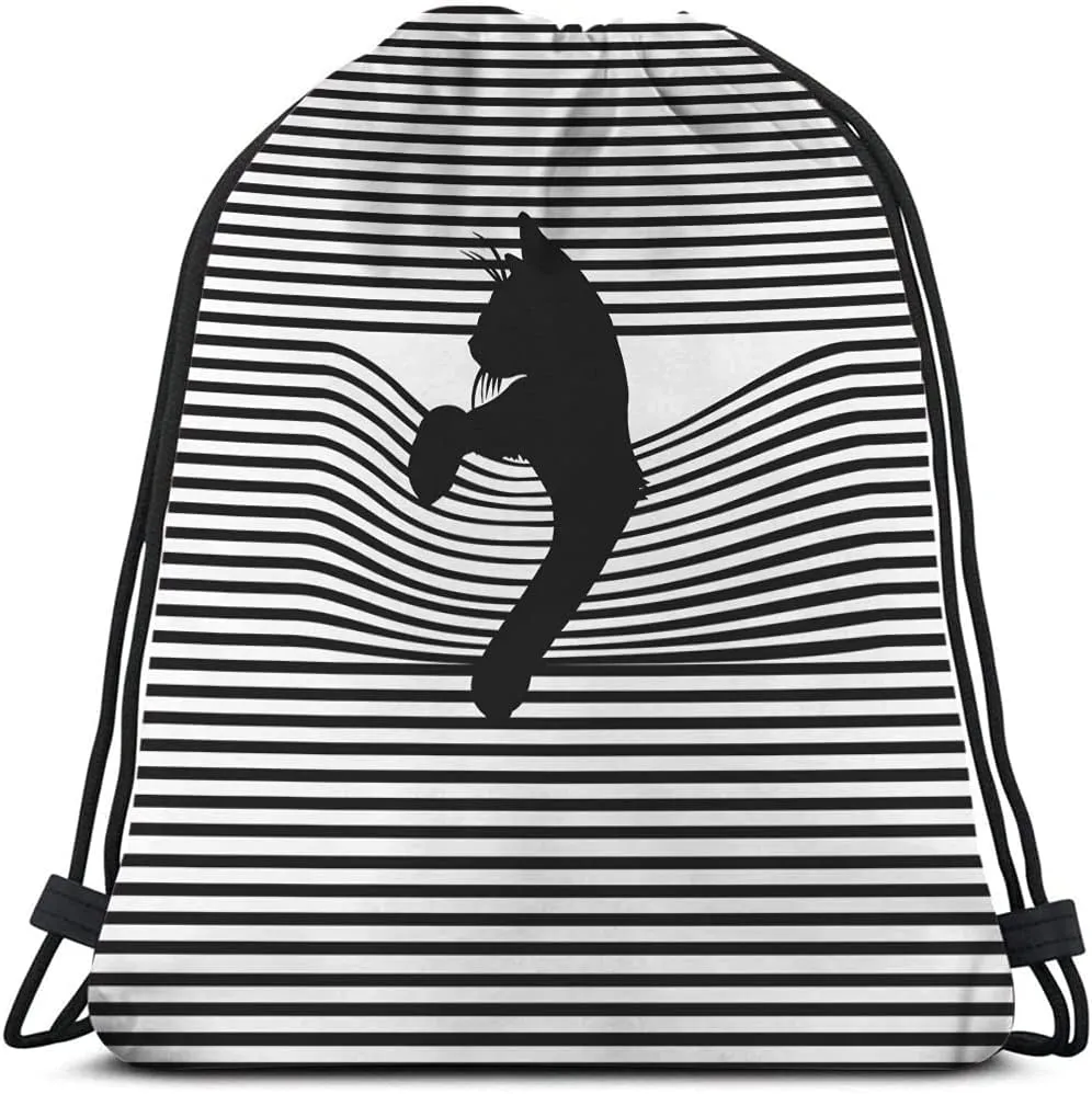Black Cat Drawstring Bags Backpack Bag Animal Silhouette Black And White Stripes Cool Cartoon Fashion Sport Gym Sack Drawstring Bag String Bag Yoga Bag for Men Women