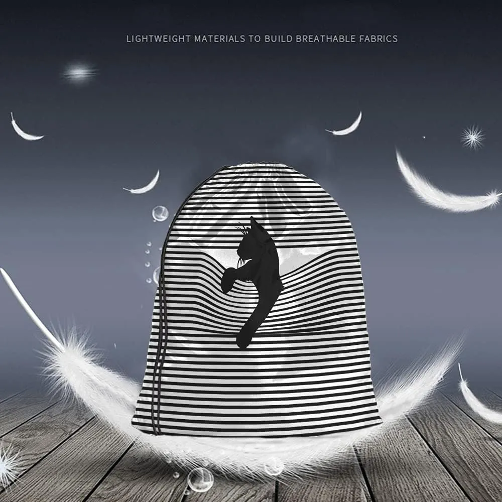 Black Cat Drawstring Bags Backpack Bag Animal Silhouette Black And White Stripes Cool Cartoon Fashion Sport Gym Sack Drawstring Bag String Bag Yoga Bag for Men Women