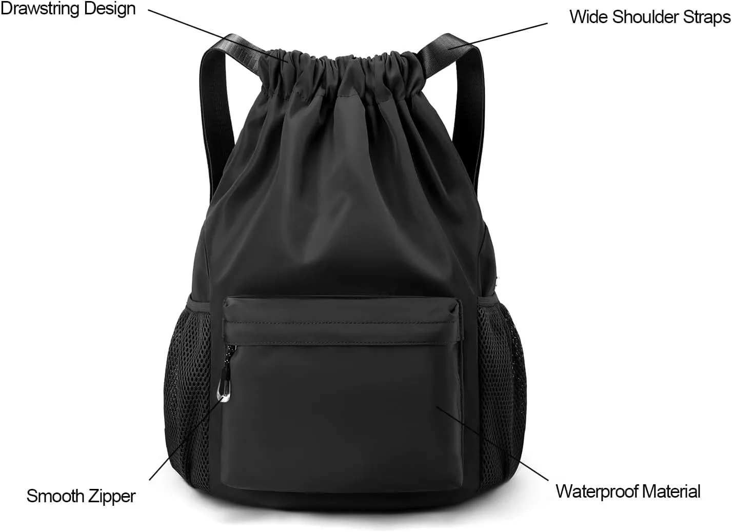 Black Drawstring Backpack for Women, Waterproof Drawstring Gym Bag for Men, Small Cinch Sack for Basketball, Pull String Sport Bag for Soccer.