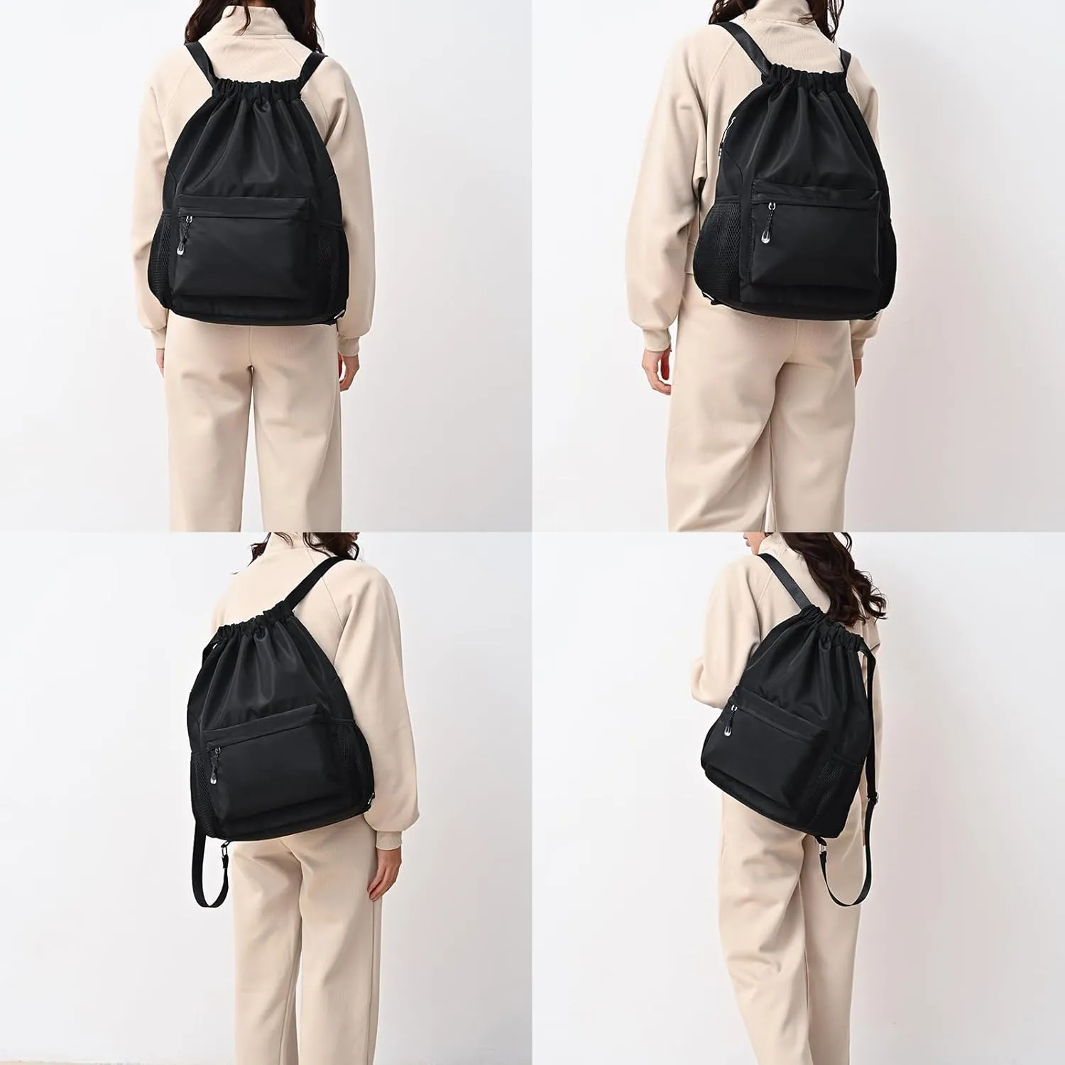 Black Drawstring Backpack for Women, Waterproof Drawstring Gym Bag for Men, Small Cinch Sack for Basketball, Pull String Sport Bag for Soccer.
