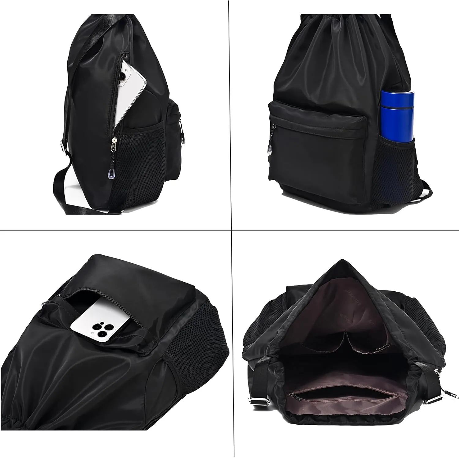 Black Drawstring Backpack for Women, Waterproof Drawstring Gym Bag for Men, Small Cinch Sack for Basketball, Pull String Sport Bag for Soccer.