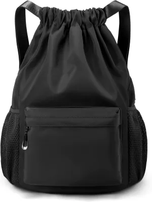 Black Drawstring Backpack for Women, Waterproof Drawstring Gym Bag for Men, Small Cinch Sack for Basketball, Pull String Sport Bag for Soccer.