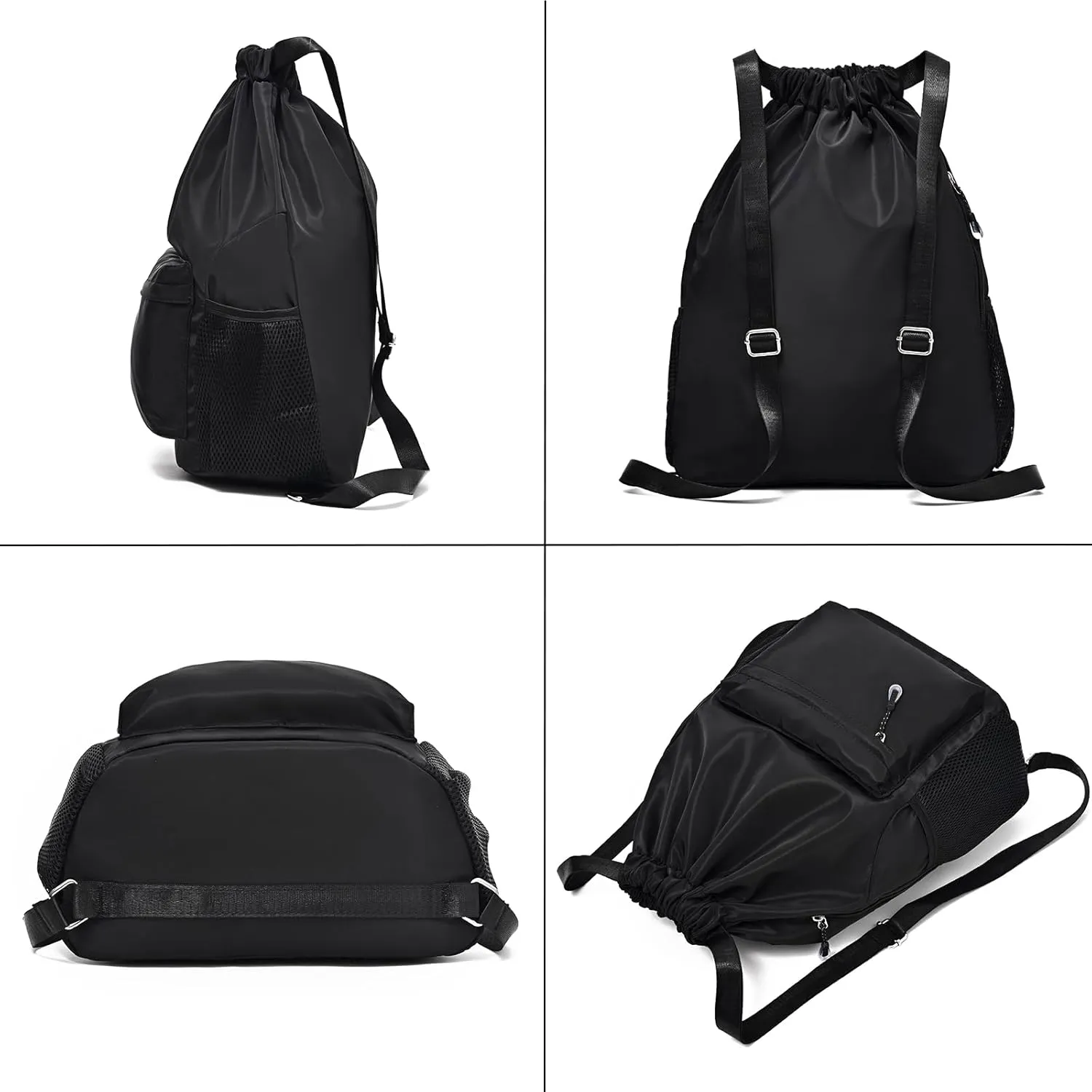 Black Drawstring Backpack for Women, Waterproof Drawstring Gym Bag for Men, Small Cinch Sack for Basketball, Pull String Sport Bag for Soccer.