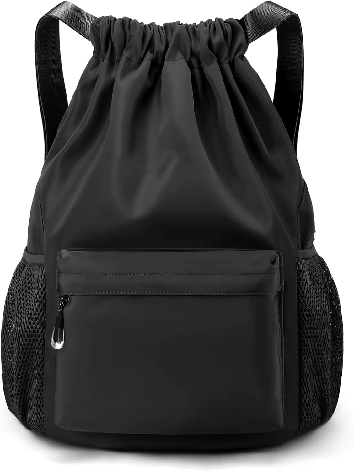 Black Drawstring Backpack for Women, Waterproof Drawstring Gym Bag for Men, Small Cinch Sack for Basketball, Pull String Sport Bag for Soccer.