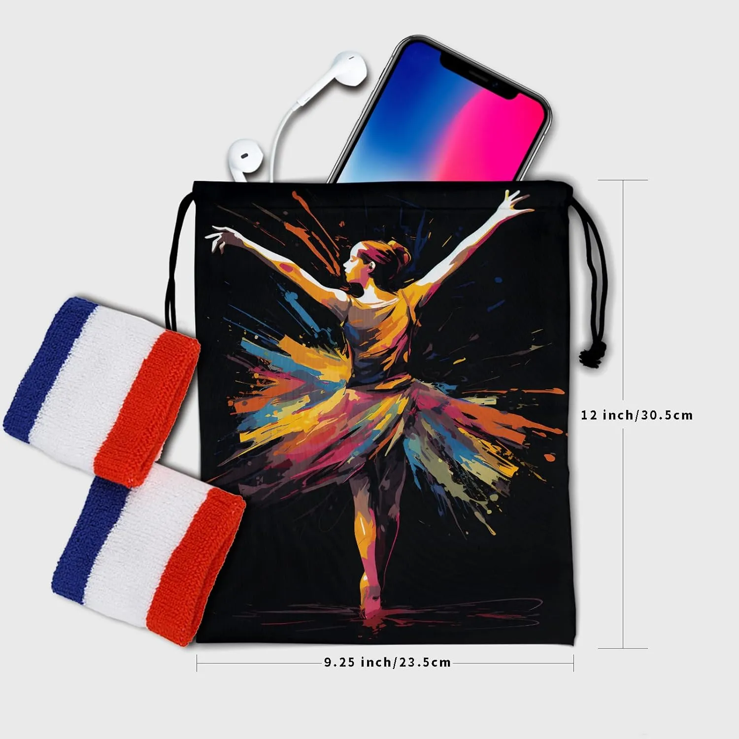 Black Grip Bag for Gymnastics Dance Printed Lightweight Gym String Bag Adjustable Sport Drawstring Bag