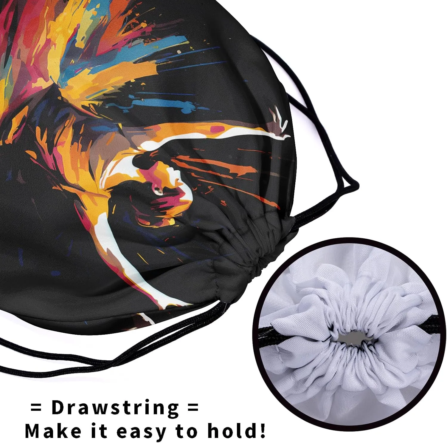 Black Grip Bag for Gymnastics Dance Printed Lightweight Gym String Bag Adjustable Sport Drawstring Bag