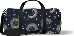 Black Vintage Bohemian Galaxy Sun Moon and Stars Sports Bag Tote Bag Waterproof Gym Bag with Shoulder Strap Zipper 2 Side Pockets for Men and Women, Travel and Storage Shoulder Bag.
