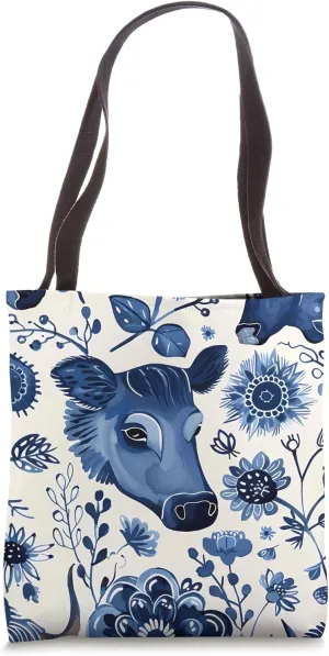 Blue Bohemian Floral Cows Ranch Pasture Rustic Farm Art Tote Bag