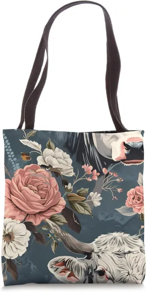 Blue Bohemian Floral Cows Ranch Pasture Rustic Farm Art Tote Bag