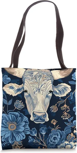 Blue Bohemian Floral Cows Ranch Pasture Rustic Farm Art Tote Bag