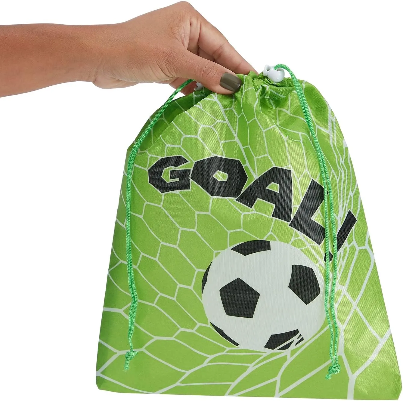 BLUE PANDA 12 Pack Soccer Drawstring Gift Bags with Goal Print for Sports Goodies and Treats - 10 x 12 In Soccer Treat Bags for Team Snacks