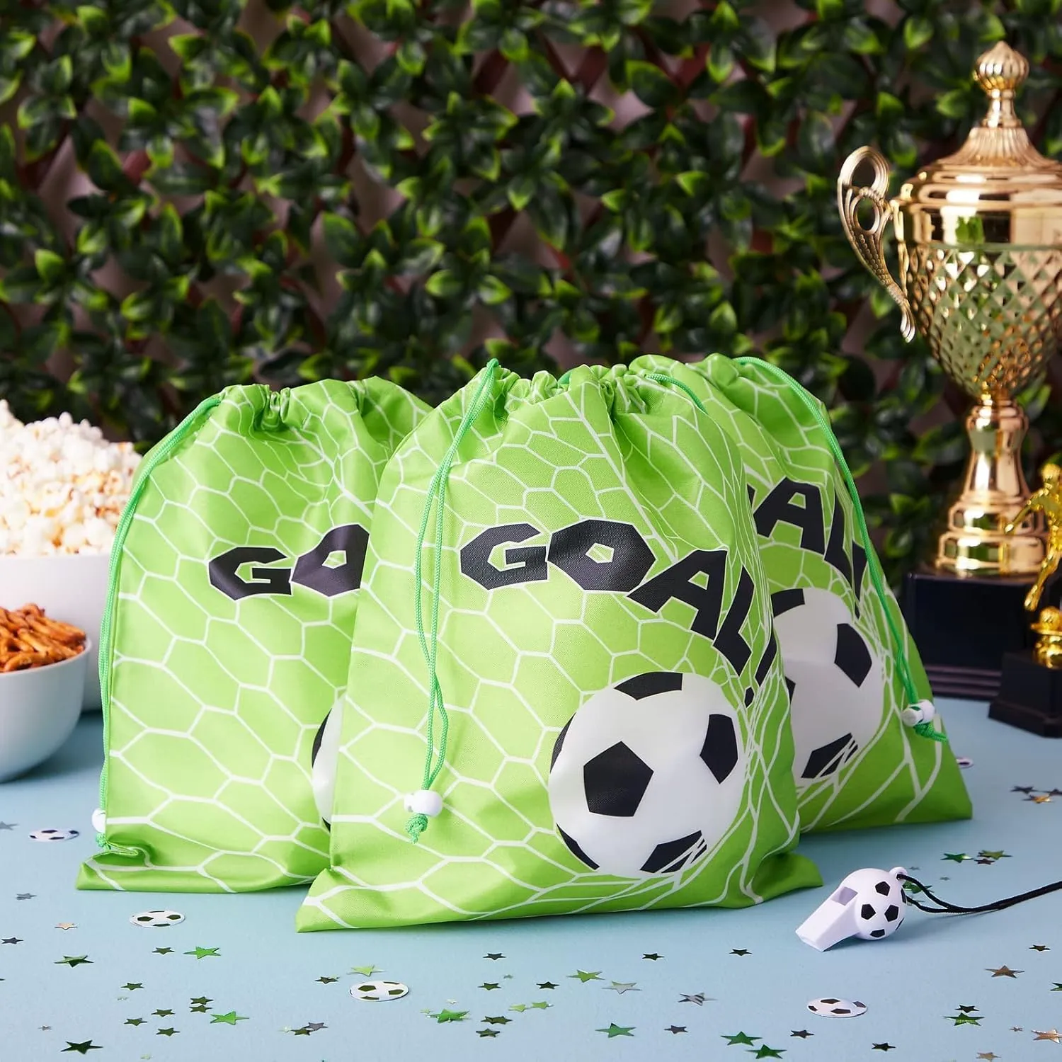 BLUE PANDA 12 Pack Soccer Drawstring Gift Bags with Goal Print for Sports Goodies and Treats - 10 x 12 In Soccer Treat Bags for Team Snacks
