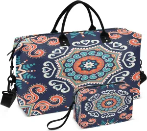 Bohemian Ceramic Tile Travel Duffel Bag, Shoulder Weekender Overnight Bags - Large Gym Bag with Wet Pocket