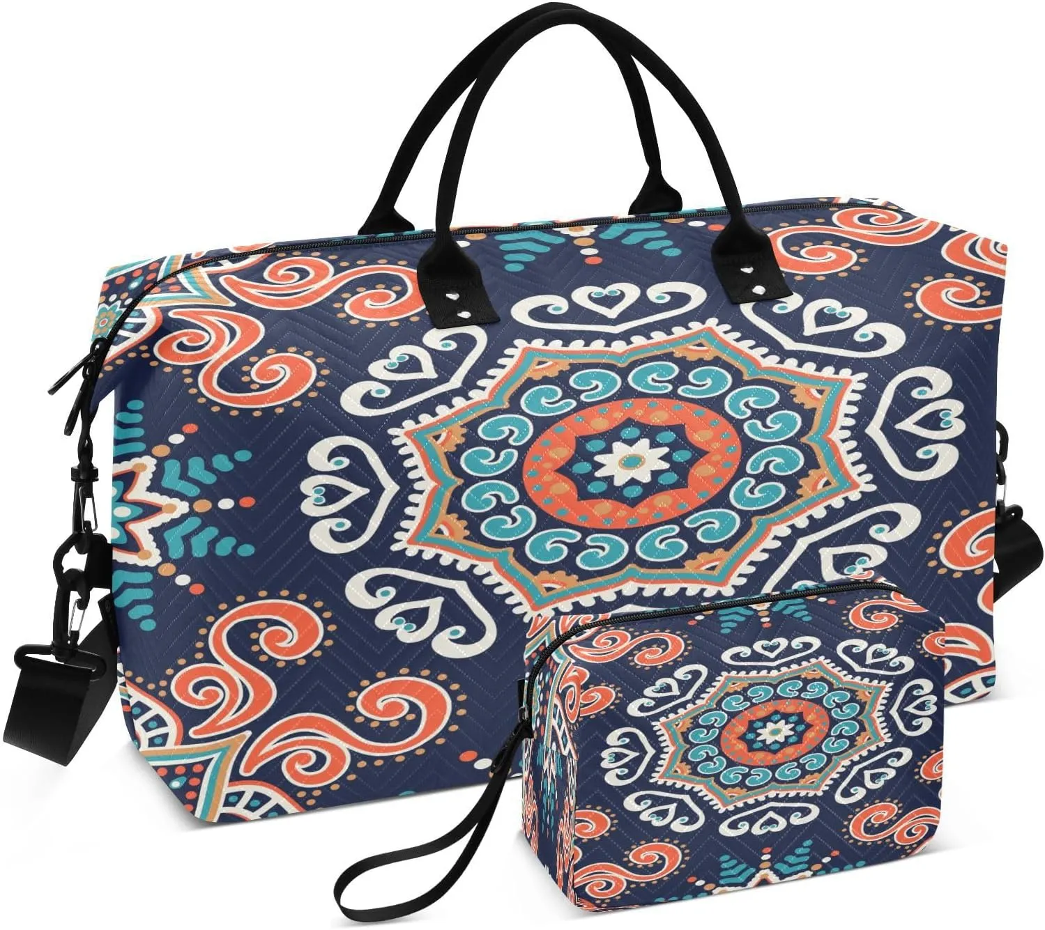Bohemian Ceramic Tile Travel Duffel Bag, Shoulder Weekender Overnight Bags - Large Gym Bag with Wet Pocket