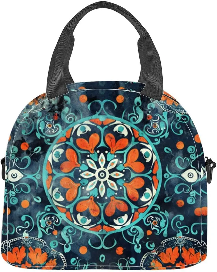 Bohemian Floral paisley white Ikat flower motif ethnic oriental Insulated Adult Lunch Bag with Shoulder Strap for Women Lightweight Reusable Portable Freezable Lunch Tote Bag for Work Picnic
