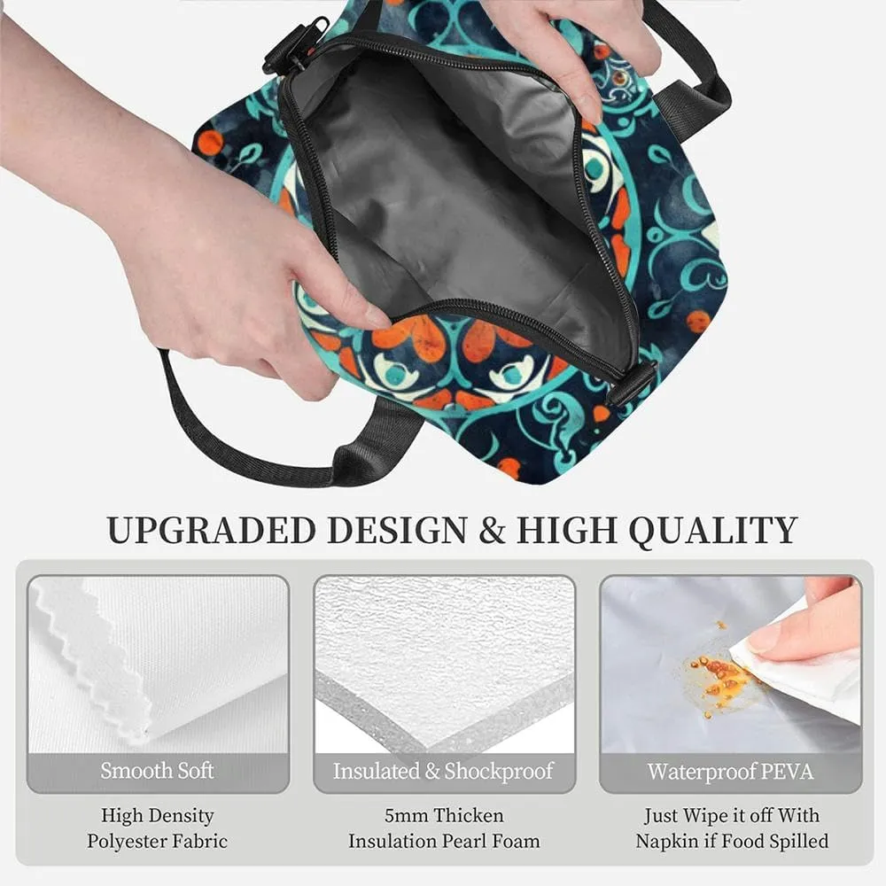 Bohemian Floral paisley white Ikat flower motif ethnic oriental Insulated Adult Lunch Bag with Shoulder Strap for Women Lightweight Reusable Portable Freezable Lunch Tote Bag for Work Picnic