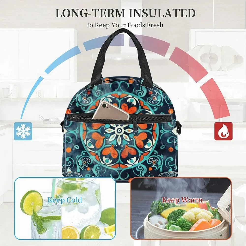 Bohemian Floral paisley white Ikat flower motif ethnic oriental Insulated Adult Lunch Bag with Shoulder Strap for Women Lightweight Reusable Portable Freezable Lunch Tote Bag for Work Picnic