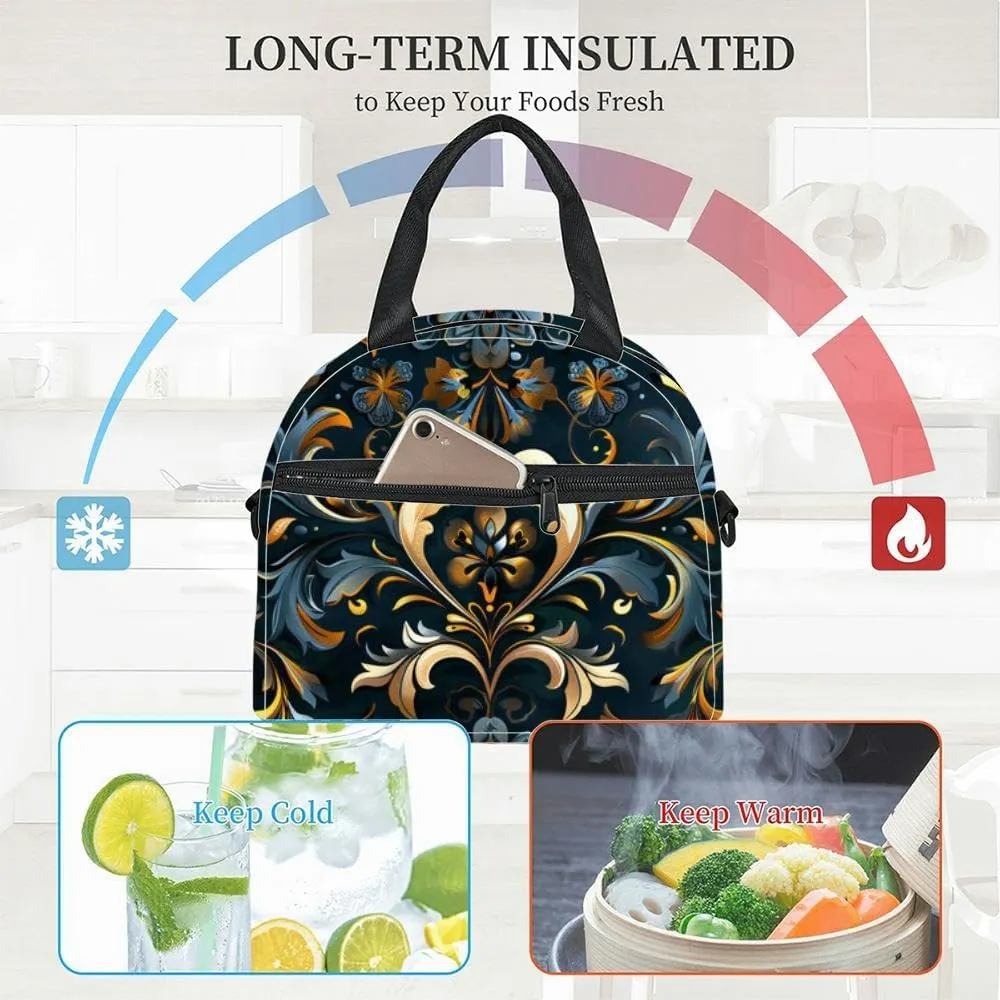 Bohemian Floral paisley white Ikat flower motif ethnic oriental Insulated Adult Lunch Bag with Shoulder Strap for Women Lightweight Reusable Portable Freezable Lunch Tote Bag for Work Picnic