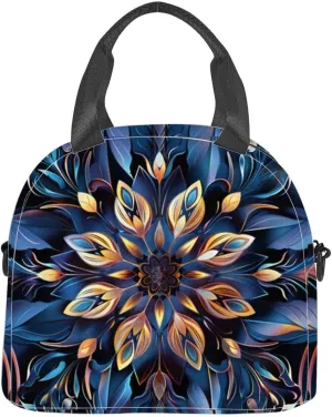 Bohemian Floral paisley white Ikat flower motif ethnic oriental Insulated Adult Lunch Bag with Shoulder Strap for Women Lightweight Reusable Portable Freezable Lunch Tote Bag for Work Picnic