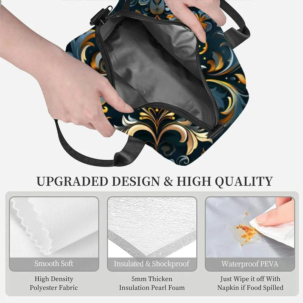 Bohemian Floral paisley white Ikat flower motif ethnic oriental Insulated Adult Lunch Bag with Shoulder Strap for Women Lightweight Reusable Portable Freezable Lunch Tote Bag for Work Picnic