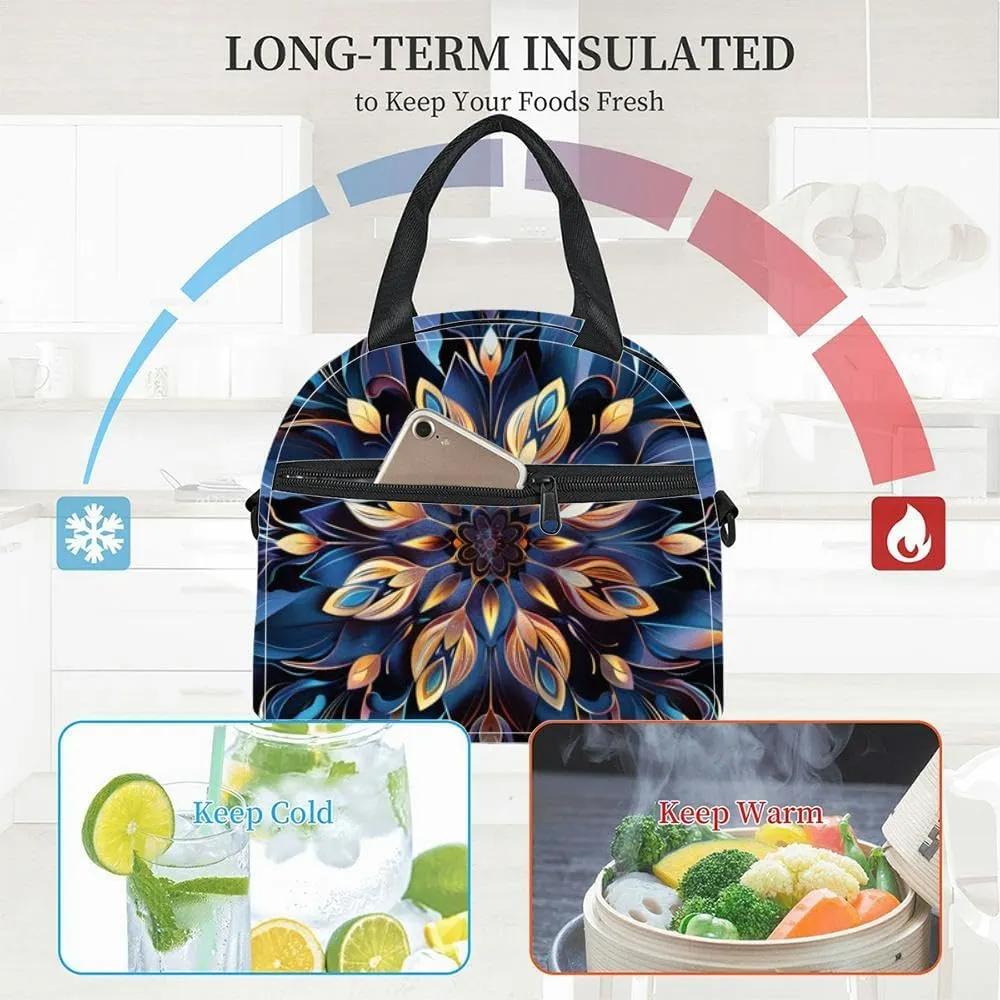Bohemian Floral paisley white Ikat flower motif ethnic oriental Insulated Adult Lunch Bag with Shoulder Strap for Women Lightweight Reusable Portable Freezable Lunch Tote Bag for Work Picnic