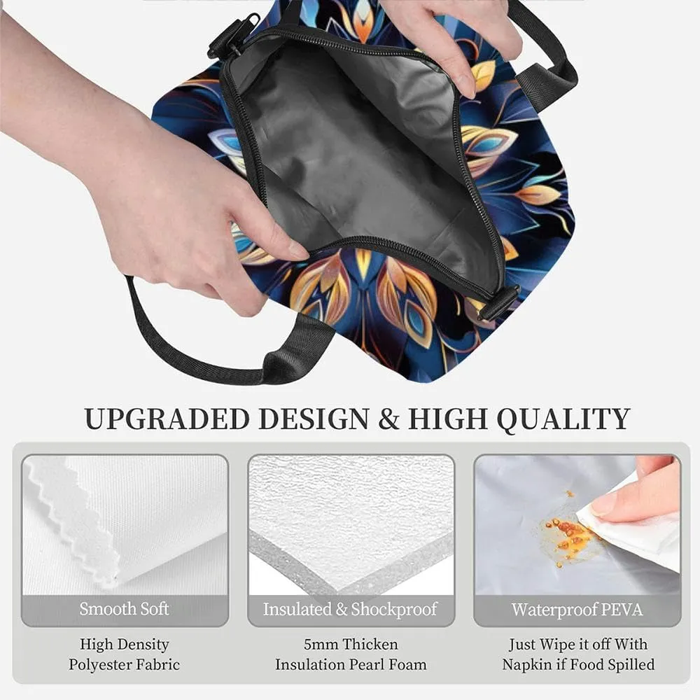 Bohemian Floral paisley white Ikat flower motif ethnic oriental Insulated Adult Lunch Bag with Shoulder Strap for Women Lightweight Reusable Portable Freezable Lunch Tote Bag for Work Picnic