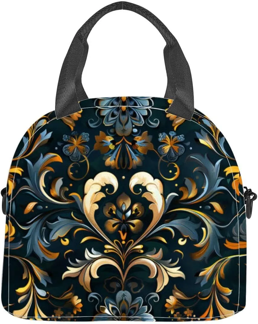 Bohemian Floral paisley white Ikat flower motif ethnic oriental Insulated Adult Lunch Bag with Shoulder Strap for Women Lightweight Reusable Portable Freezable Lunch Tote Bag for Work Picnic