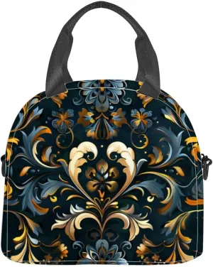 Bohemian Floral paisley white Ikat flower motif ethnic oriental Insulated Adult Lunch Bag with Shoulder Strap for Women Lightweight Reusable Portable Freezable Lunch Tote Bag for Work Picnic