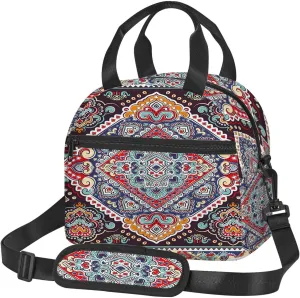 Bohemian Print,Insulated Reusable Lunch Bag with Adjustable Shoulder Strap for Adults,Vintage Bohemian Borders Cultural Colorful,Office Picnic Hiking Beach Tote Bag,Blue Black,9x5x7.8in