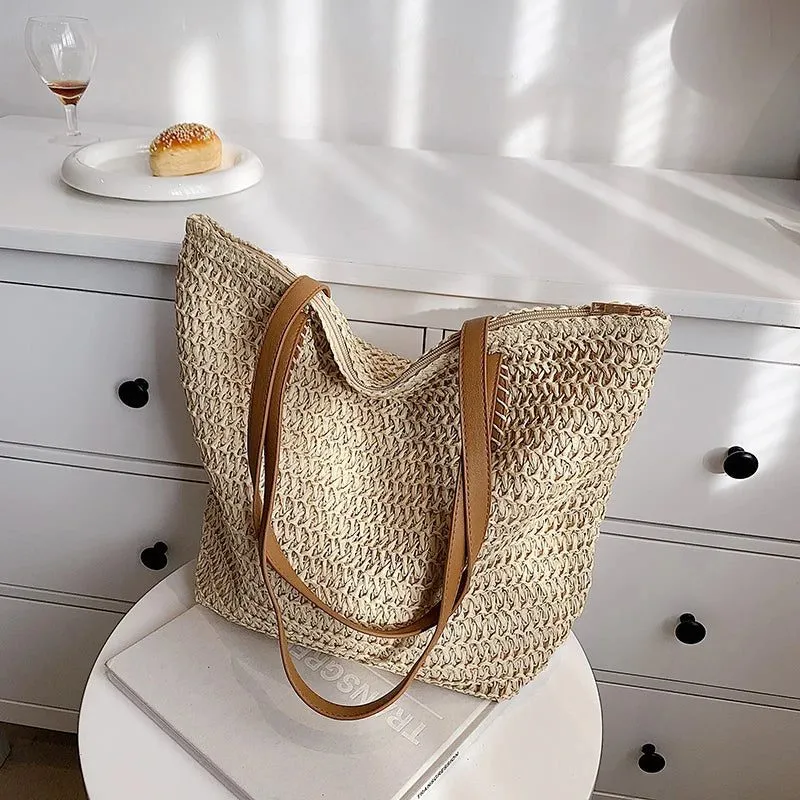 Bohemian Straw Beach Tote Bag for Summer