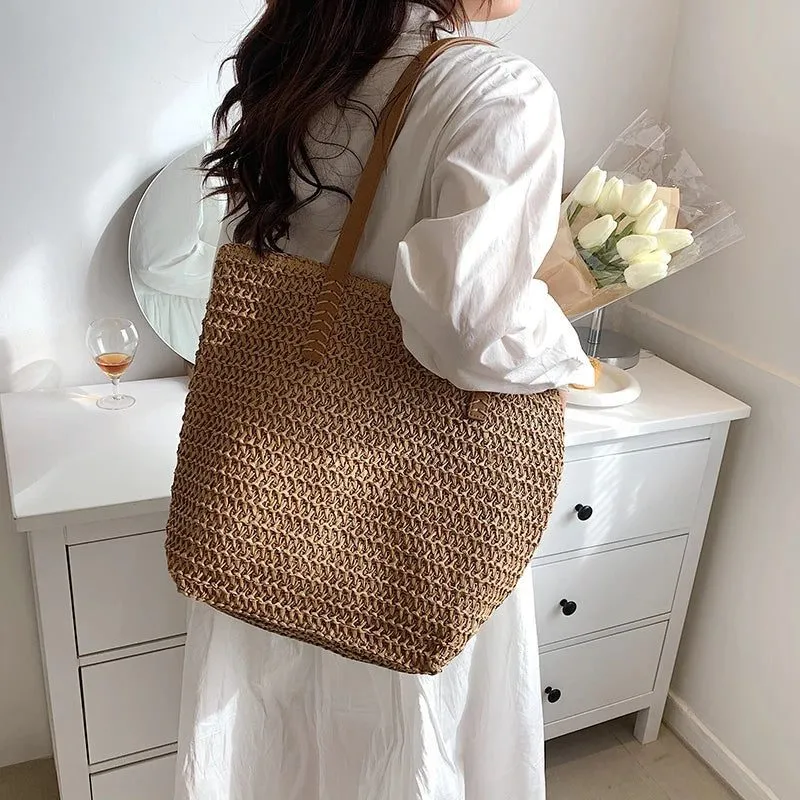 Bohemian Straw Beach Tote Bag for Summer