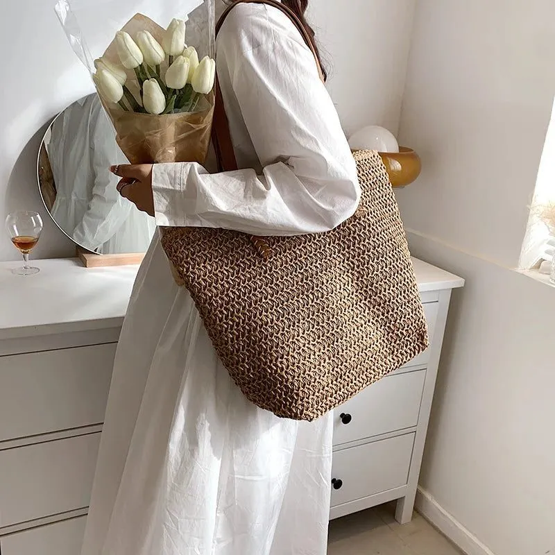 Bohemian Straw Beach Tote Bag for Summer
