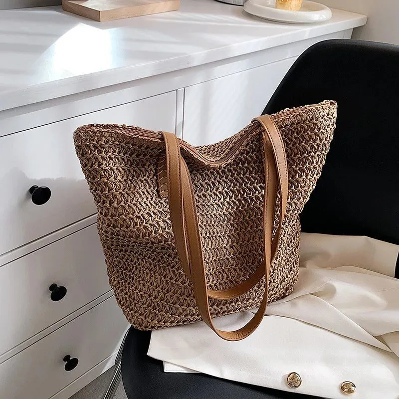 Bohemian Straw Beach Tote Bag for Summer