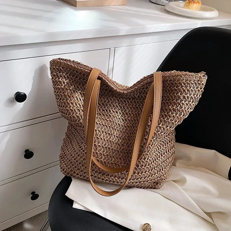 Bohemian Straw Beach Tote Bag for Summer