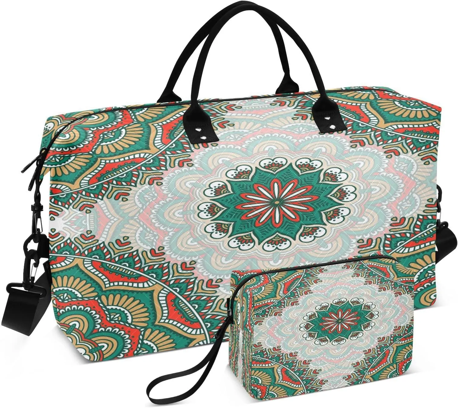 Bohemian Tile Green Travel Duffel Bag, Shoulder Weekender Overnight Bags - Large Gym Bag with Wet Pocket