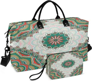 Bohemian Tile Green Travel Duffel Bag, Shoulder Weekender Overnight Bags - Large Gym Bag with Wet Pocket