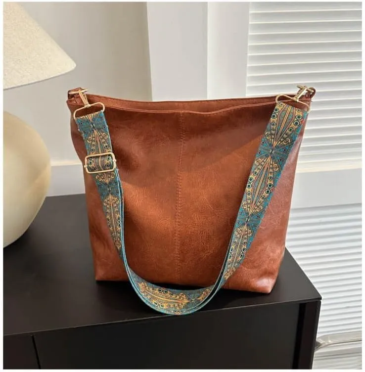 Boho Chic Large Capacity Women's Shoulder Bag, Vintage Wide Strap Crossbody Tote, Casual Commuter Bag