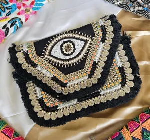Boho Handbag for Women – Black Banjara Style Purse with Mirror Work & Coins | Crossbody Sling Clutch with Zipper & Strap | Summer Hippie Tote Bag, Beach Charm Bag 2025, Evil Eye Purse