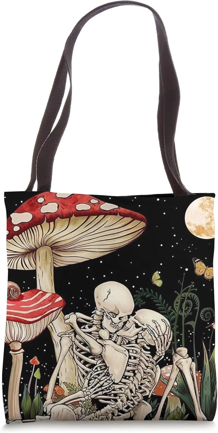Boho Mushroom Retro Skeleton Couple Vintage Kiss Witchy Moth Tote Bag