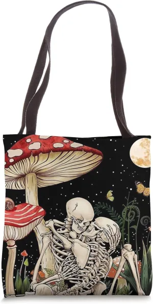 Boho Mushroom Retro Skeleton Couple Vintage Kiss Witchy Moth Tote Bag