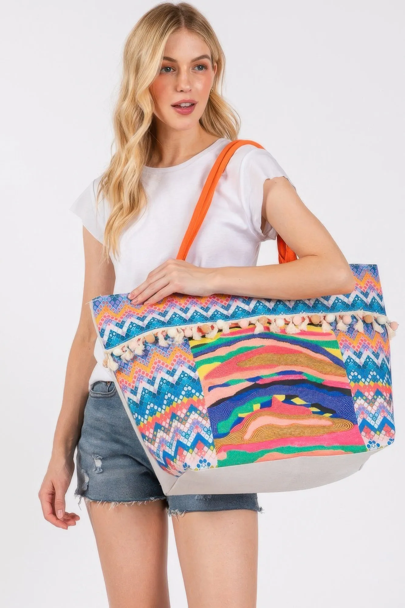 Boho Print Pom Pom Fringe Tote Bag
