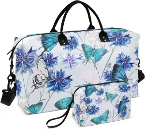 Bolaz Duffle Bag for Travel-Blue Flowers Floral and Butterflies，Weekender Overnight Bag with Wet Pocket for Women，Large Carry On Airport Bag with Toiletry Bag for Travel, Business Trips, Sports