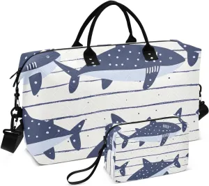 Bolaz Duffle Bag for Travel-Cartoon Shark on Strips(2)，Weekender Overnight Bag with Wet Pocket for Women，Large Carry On Airport Bag with Toiletry Bag for Travel, Business Trips, Sports