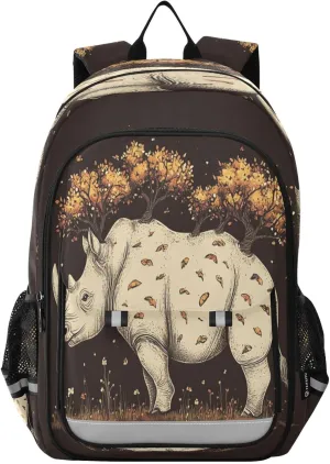 Boys Girls School Bag Rhinoceros Autumn Forest Graphic Large Capacity Travel Backpack with Chest Strap